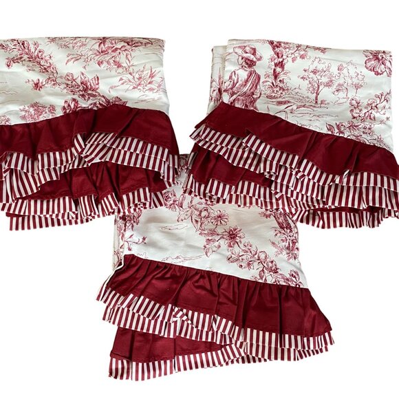 Red White Toile Ruffled Curtain Valances Cotton French Country Stripes Set of 3 - Picture 1 of 9